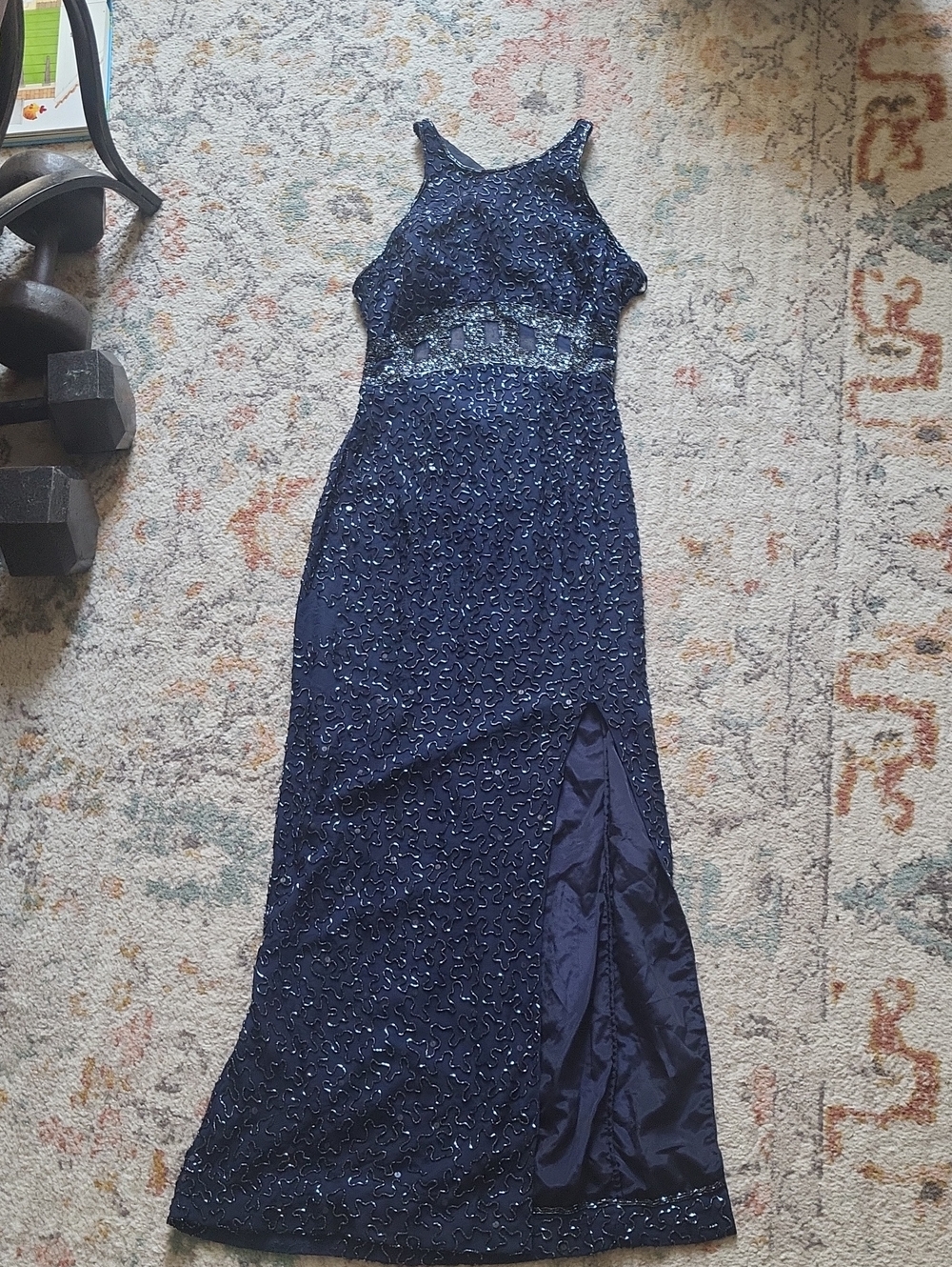 Vintage 90s Navy Blue Andretta Donatello Iridescent 100% Silk Beaded Dress